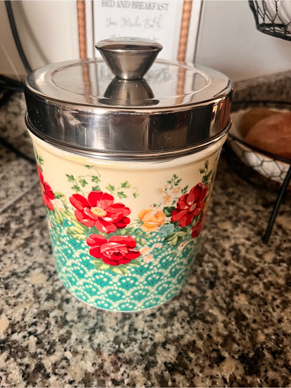 Pioneer Woman Treat Canister with Stainless Steel Lid - Red & Teal